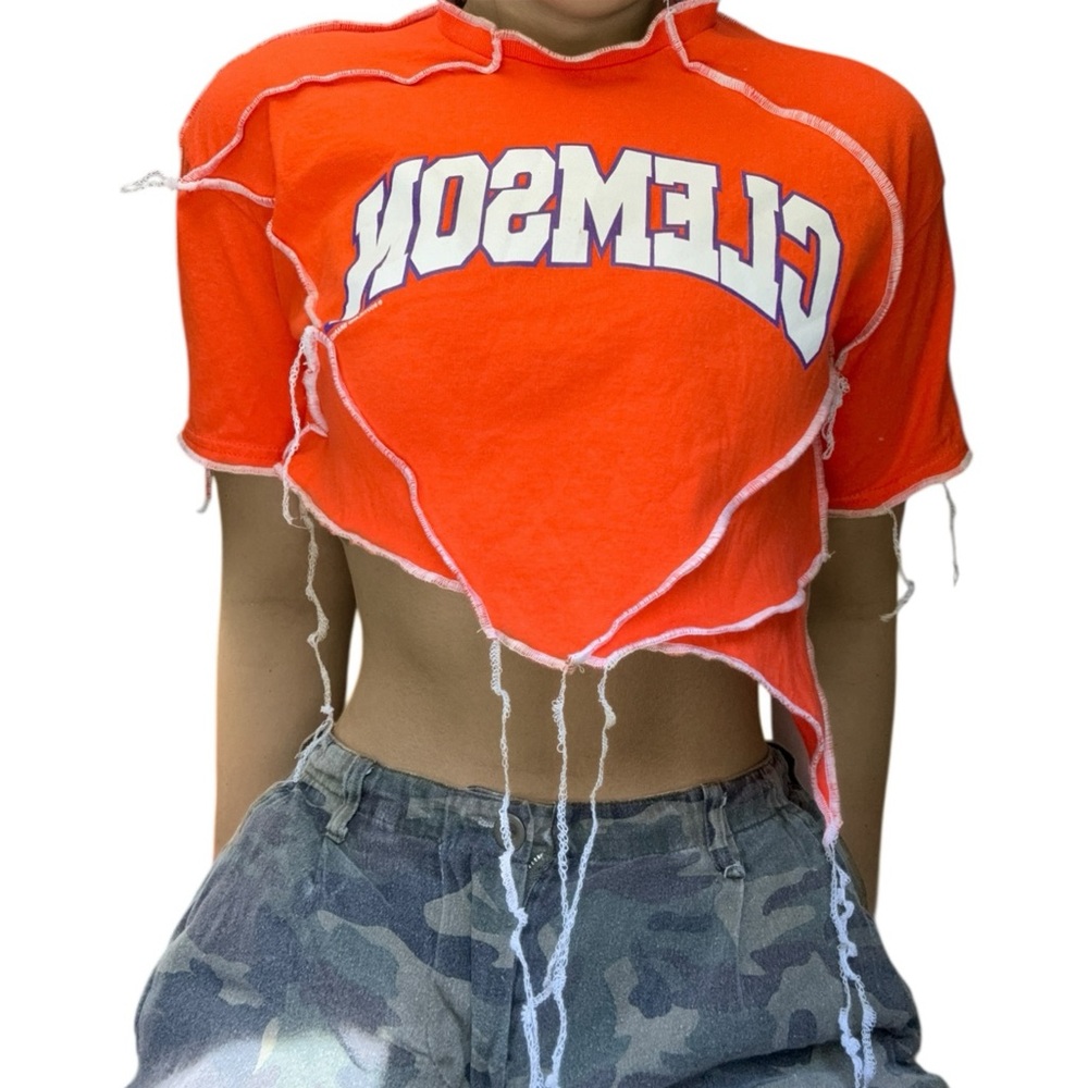 Clemson University Reworked Custom Contrast Stitch Orange Distressed Crop Top